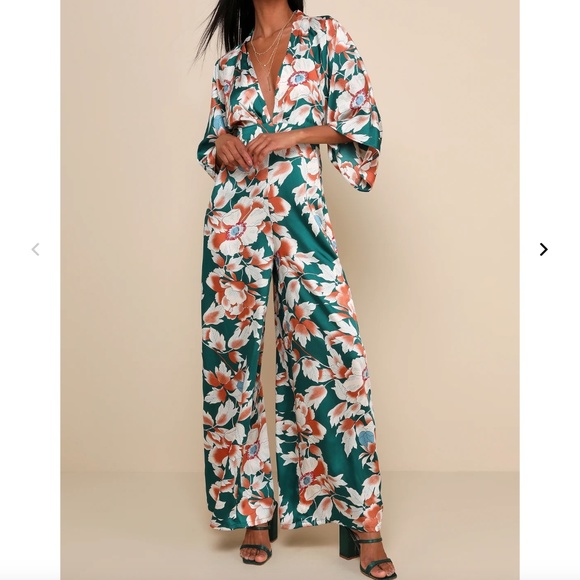 Lulus Pants - Lulus From Sunrise Teal Floral Print Bell Sleeve Wide-Leg Jumpsuit